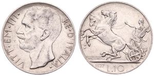 Italy, Kingdom, Vittorio Emanuele III, 10 Lire Silver 1927R, Head left, KM 68.1, A.XF