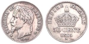 France, Second Empire, Napoleon III, 50 Centimes Silver 1865A, Laureate head left, KM 814.1 (Paris), XF