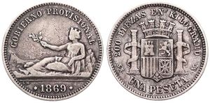 Spain, Provisional Government, 1 Peseta Silver 1869 (69), Seated crowned figure holding palm sprig, KM 652, VF