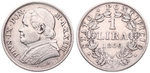 Italian States, Papal States, Pius IX, 1 Lira Silver 1869-XIIIR, Large bust of the Pope left, KM 1387, VF+