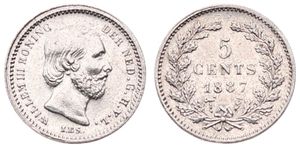 Netherlands, Kingdom, William III, 5 Cents Silver 1887, Bearded head right, KM 91, A.XF (slightly cleaned)