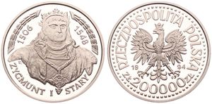 Poland, Republic, 200.000 Zlotych Silver 1994, Bust of Zygmunt I facing, KM 274, PROOF