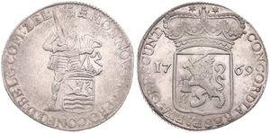 Netherlands, Zeeland Province, 1 Ducat Silver 1769, Standing knight behind shield holding sword / Crowned arms flanked by date, KM 52.4, VF