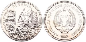 Albania, Peoples Socialist Republic, 5 Leke Copper-Nickel 1987, Sailing ship in the seaport of Durazzo, KM 57, UNC