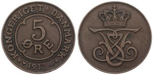 Denmark, Kingdom, Frederik VIII, 5 Ore Bronze 1912, Crowned Monogram, KM 806, VF