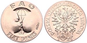Poland, Probas Coins : 10 Zlotych Copper-Nickel 1971, F.A.O. - Breast feeding in front of globe, KM Pr 185, UNC
