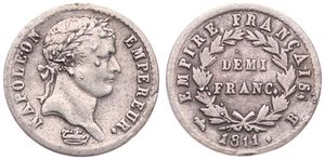 France, First Empire, Napoleon, 1/2 Franc Silver 1811B, Laureate head right, KM 691.2 (Rouen), VF