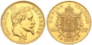 France, Second Empire, Napoleon III, 100 Francs Gold 1863BB, Laureate head right / Crowned mantled arms, KM 802.2 Strasbourg, XF (small edgenick) (*)