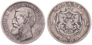Romania, Kingdom, Carol I, 1 Leu Silver 1900, Bearded head left, KM 24, VF