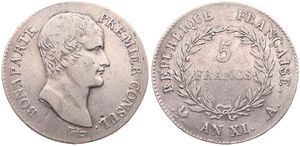 France, Consulship, Napoleon, 5 Francs Silver ANXIA, Bare head right, KM 650.1 Paris, A.VF
