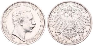 German States, Prussia, Wilhelm II, 2 Mark Silver 1911A, Head right, KM 522, VF