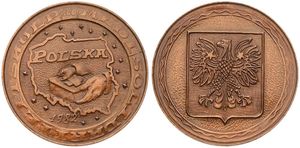 Poland, Republic, Medal (100 Medi) in Copper 1982, 600 Jaar Solidariteitshulp, Hands holding red cross box, National arms, UNC