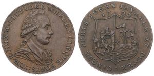 Great Britain, Kingdom, George III, 1/2 Penny Token in Copper 1794 Kent - Dover, Bust of the Honorable Wiliam Pitt right / Date above lovely shield, XF