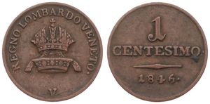 Italian States, Lombardy-Venetia, 1 Centesimo Copper 1846V, Crown with ribbons, KM 12.2 (Venice), VF