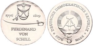 Germany, Democratic Republic, 5 Mark Copper-Nickel 1976, 200th Anniversary of the Birth of Ferdinand von Schill, KM 60, UNC
