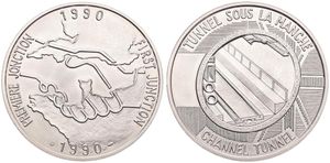 France, Republic, Medal in Silver 1990, Tunnel sous la Manche - Channel Tunnel / Première Jonction - First Junction, Tunnel view / Clasped hands and maps, UNC