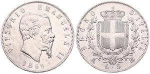 Italy, Kingdom, Vittorio Emanuele II, 5 Lire Silver 1869M BN, Bearded head right, KM 8.3, XF