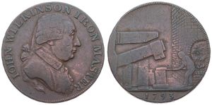 Great Britain, Kingdom, George III, 1/2 Penny Token in Copper 1793 Warwickshire, John Wilkinson Iron Master, Bust right / Worker in factory, VF