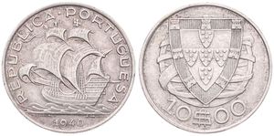 Portugal, Republic, 10 Escudos Silver 1940, Early sailing ship, KM 582, A.XF