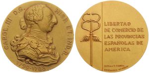 Spain, Kingdom, Franco, Medal in Gilt Bronze 1964 by Calico, Kings of Spain, Bust of Carolus III right (1759-1788) / Libertad de comercio, UNC