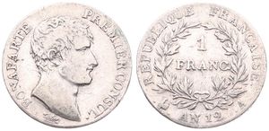 France, Consulship, Napoleon, 1 Franc Silver AN 12A, Bare head right, KM 649.1 Paris, A.VF (slightly cleaned)