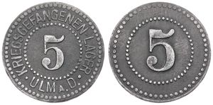 Germany, Emergency Coinage, Ulm am Donau (Kriegsgefangen lager), 5 Pfennig Iron ND, Denomination within beaded circle / Legend surrounding denomination, UNC