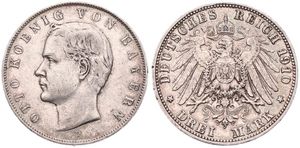 German States, Bavaria, Otto, 3 Mark Silver 1910D, Head left, KM 996, VF 
