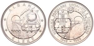 Albania, Peoples Socialist Republic, 5 Leke Copper-Nickel 1988, 42nd Anniversary of First Railroad, KM 61, UNC