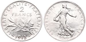 France, Republic, 2 Francs Silver 1913, Figure sowing seed, KM 845.1, SCARCE KEY DATE, XF