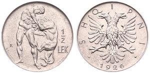 Albania, Kingdom, King Zog I, 1/2 Lek Nickel 1926R, Hercules wrestling Nemean lion, KM 4, XF