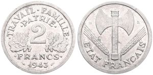 France, Republic, 2 Francs Aluminum 1943B, Grain sprigs flank double bit axe, KM 904.2, SCARCER DATE, A.UNC
