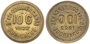 France, Republic, Token in Brass 1922, Uniface token de 10 Centimes St. Des Commercants de Dunkerque, XF