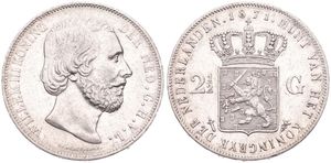 Netherlands, Kingdom, William III, 2-1/2 Gulden Silver 1871, Bearded head right, KM 82, XF
