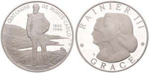 Monaco, Principality, Rainier III, Medal in Silver 1966, Centenary of Monte-Carlo, Busts of Rainier III and Grace left / Prince Charles III standing & city view, PROOF