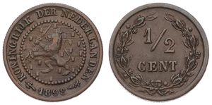 Netherlands, Kingdom, Wilhelmina I, 1/2 Cent Bronze 1898, Rampant lion within beaded circle, KM 109, SCARCER DATE, A.XF