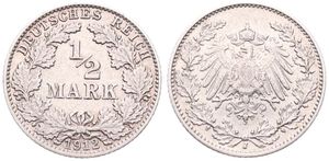 Germany, Empire, Wilhelm II, 1/2 Mark Silver 1912J, Crowned imperial eagle within wreath, KM 17, VF