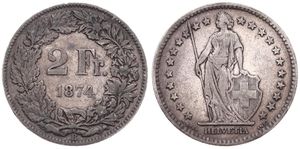 Switzerland, Confederation, 2 Francs Silver 1874, Standing Helvetia, KM 21, VF