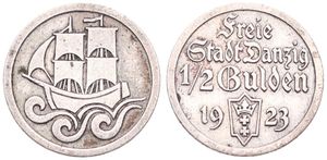 Danzig, Free City, 1/2 Gulden Silver 1923, Sailing ship at sea, KM 144, VF