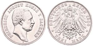 German States, Saxony - Albertine, Friedrich August III, 3 Mark Silver 1909E, Head right, KM 1267, VF