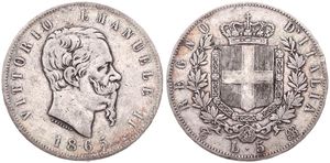 Italy, Kingdom, Vittorio Emanuele II, 5 Lire Silver 1865T BN, Bearded head right, KM 8.1, SCARCE DATE, A.VF