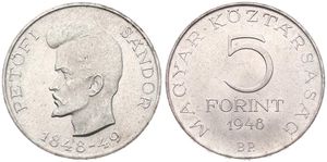 Hungary, First Republic, 5 Forint Silver 1948BP, Centenary of 1848 Revolution - Sandor Petofi, KM 537, A.UNC