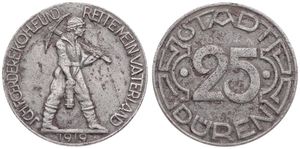 Germany, Emergency Coinage, Düren, 25 Pfennig Iron 1919, Miner with pick axe and lantern walking right / Legend surrounding denomination, XF
