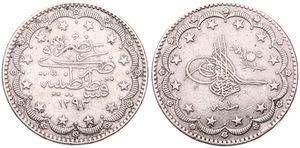 Turkey, Sultanate, Abdul Hamid II, 20 Kurush Silver AH1293/1, Toughra with flower surrounded by stars, KM 722, VF