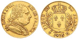 France, First Restoration, Louis XVIII, 20 Francs Gold 1815R, Bust right / Crowned arms within wreath, KM 707 London, XF (*)