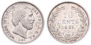 Netherlands, Kingdom, William III, 10 Cents Silver 1869, Bearded head right, KM 80, A.XF