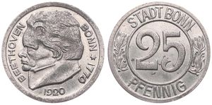 Germany, Emergency Coinage, Bonn, 25 Pfennig Iron 1920, Bust of Ludwig von Beethoven left / Value within circle, UNC