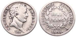 France, First Empire, Napoleon, 1/2 Franc Silver 1808A, Laureate head right, KM 680.1 (Paris), A.VF