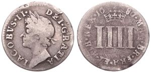 Great Britain, Kingdom, James II, 4 Pence Silver 1680, Laureate bust left, KM 455.1, Fine