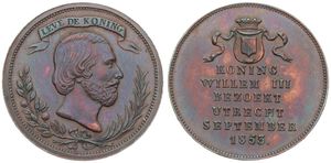 Netherlands, Kingdom, William III, Medal in Copper 1853, The King visits Utrecht in 1853, King's head right above wreath / Crowned arms and legend in 6 lines, A.UNC