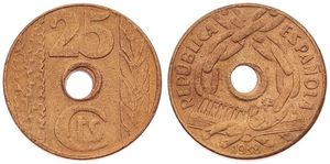 Spain, Republic, 25 Centimos Copper 1938, Chain links around center hole, KM 757, UNC